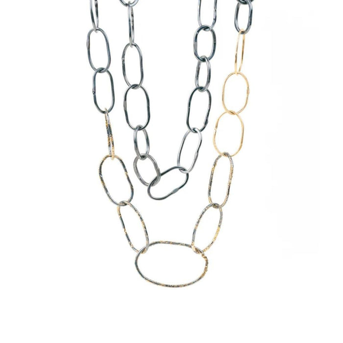 Organic Black + Gold Chain Link Necklace in Oxidized Argentium Silver and Yellow Gold
