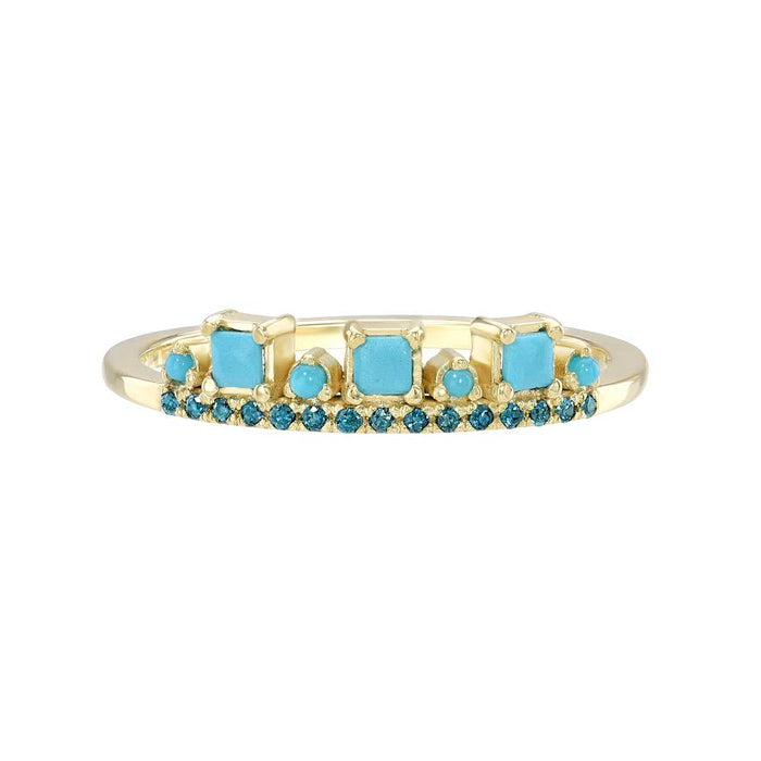 Turquoise and Blue Diamond "Three Stone" Ring in Yellow Gold