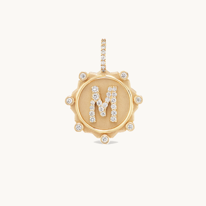 Alphabet Coin Pave Charm "M" in Yellow Gold