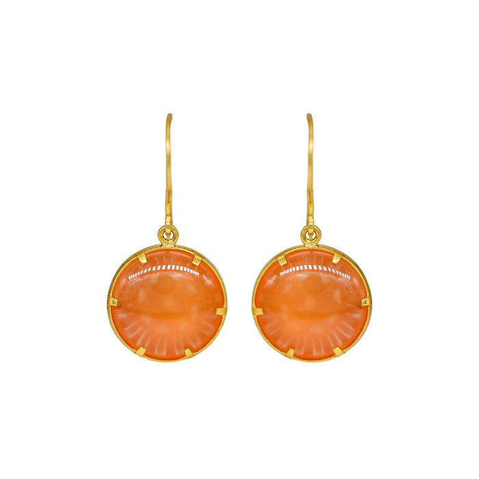 Round Peach Moonstone Earrings in Yellow Gold