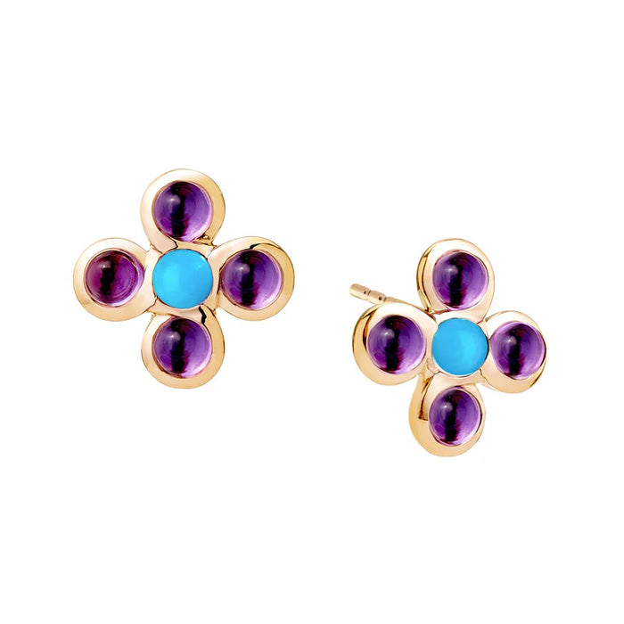Candy Amethyst + Turquoise Studs in Yellow Gold