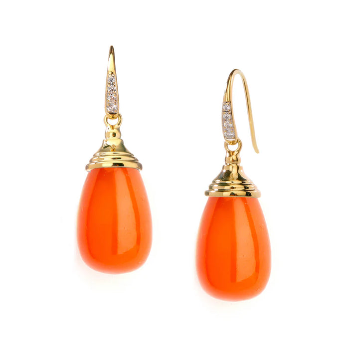 Mogul Orange Chalcedony Diamond Drop Earrings in Yellow Gold