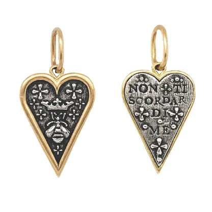 Baby Slim Heart + Queen Bee Charm in Oxidized Sterling Silver and Yellow Gold
