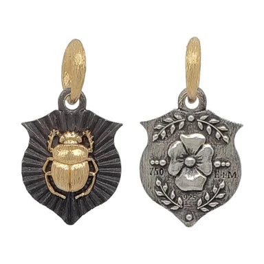 Baby Ruche Scarab + Flower Charm in Oxidized Sterling Silver and Yellow Gold
