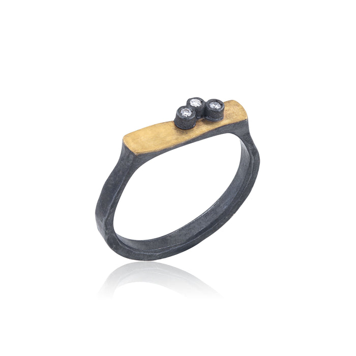 Stockton Diamond Stacking Ring in Oxidized Sterling Silver and Yellow Gold