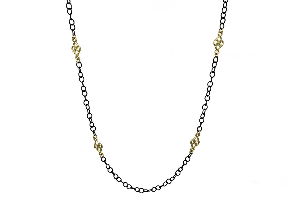 Old World Mini Scroll Station Necklace in Yellow Gold with Blackened Silver Chain