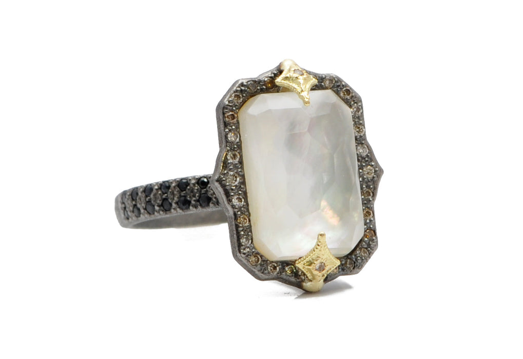 Old World Mother of Pearl and Quartz Ring with Champagne Diamonds and Black Sapphires