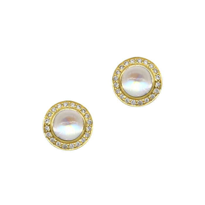Round Moonstone Halo Stud Earrings with Diamond in Yellow Gold