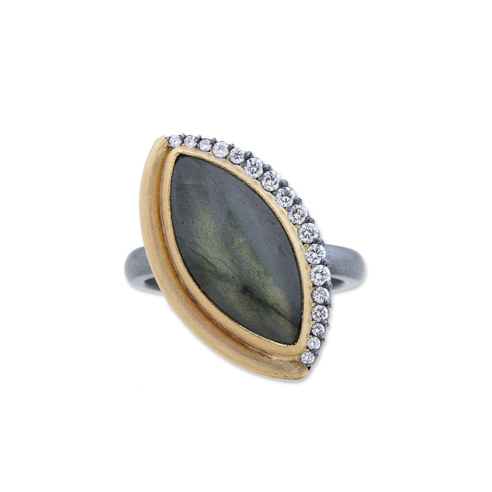Marquise Labradorite Diamond Ring in Yellow Gold and Oxidized Sterling Silver