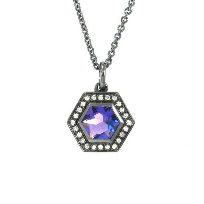 Hex Amethyst and Diamond Pendant in Blackened Silver