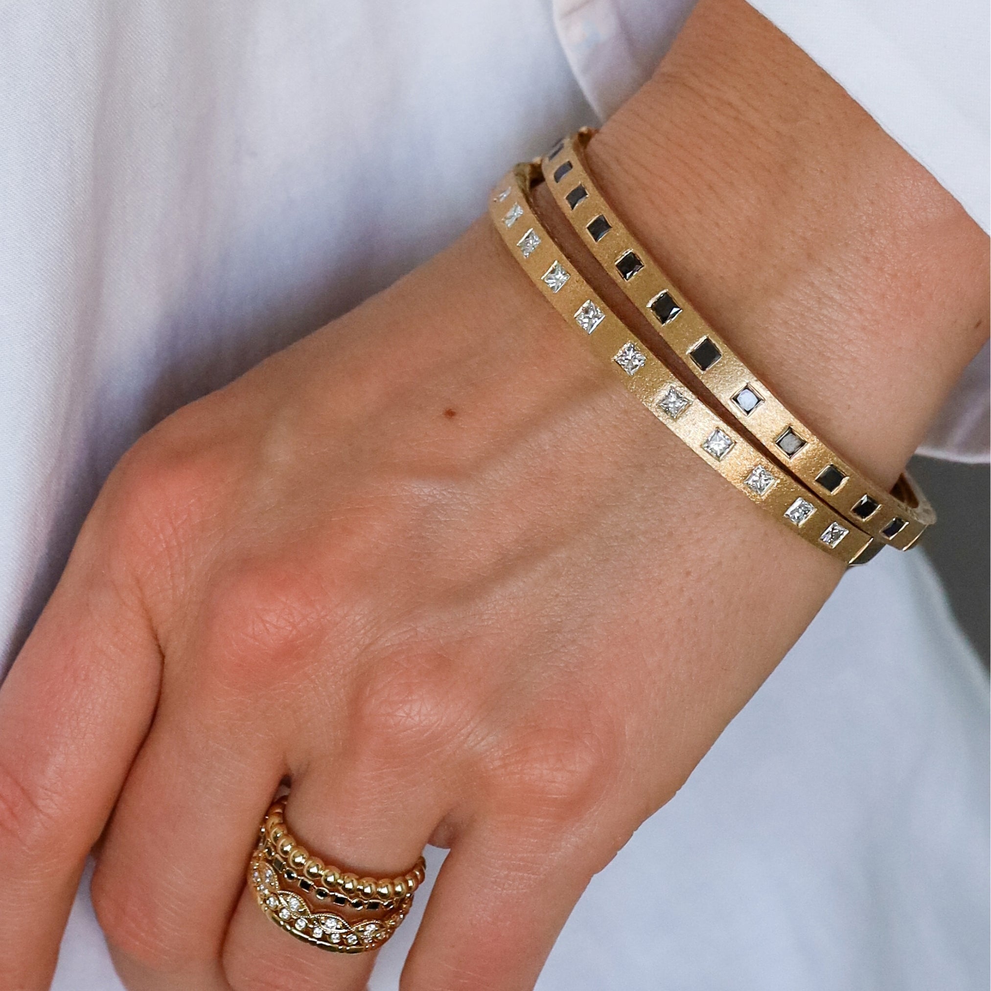 Dunes Edge White Diamond Wide Bangle in Yellow Gold