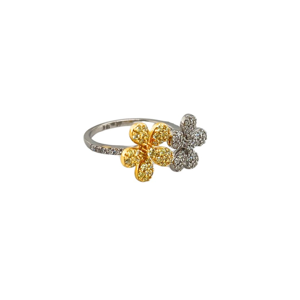Double Floral Yellow Diamond Ring in White Gold and Yellow Gold