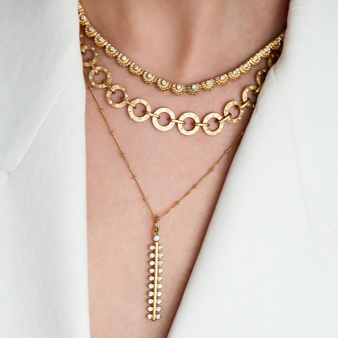 Chakra Half Dome White Diamond Necklace in Yellow Gold