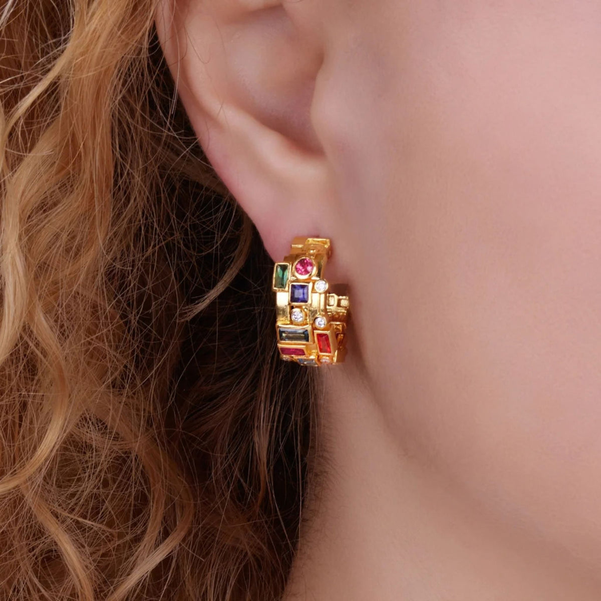 Embrace Multi-Stone Tapered Hoops in Yellow Gold