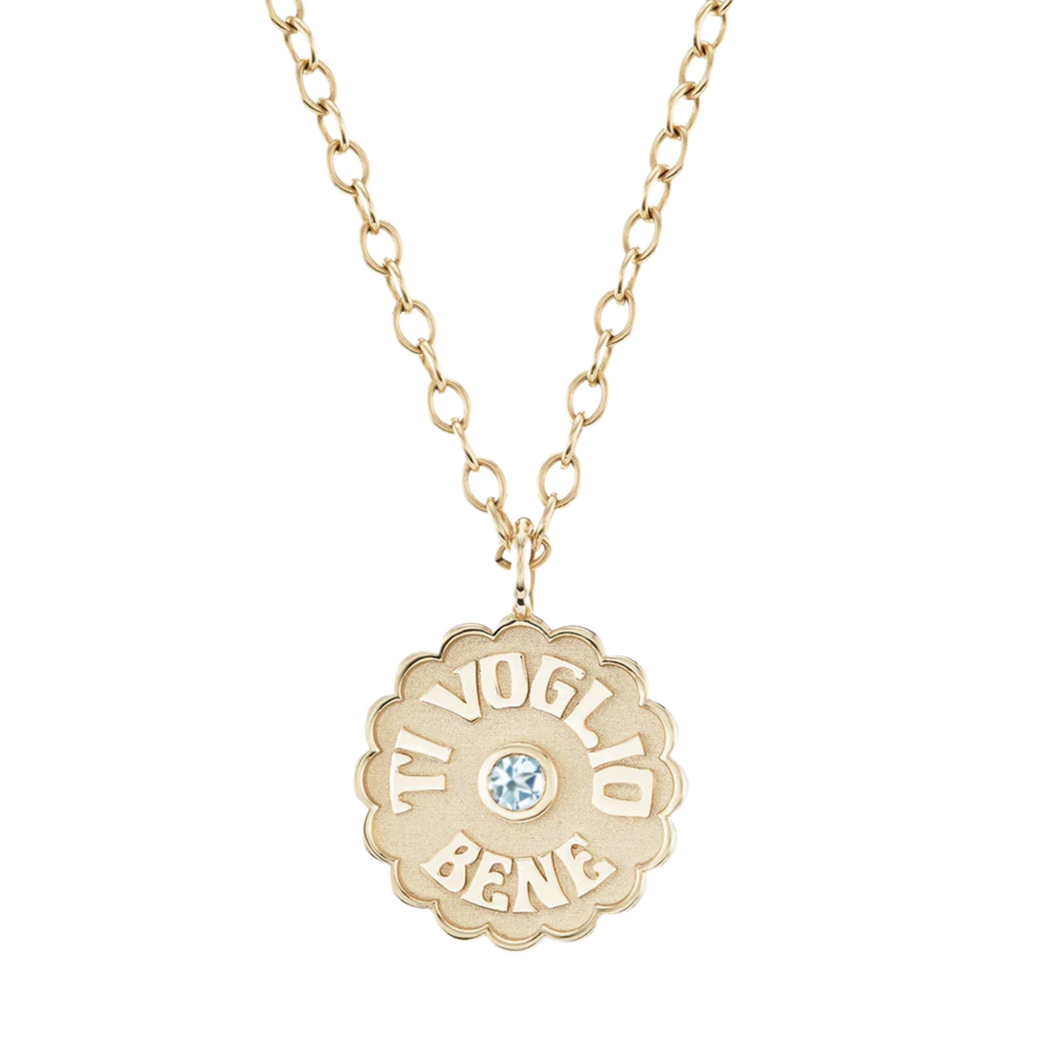 Large Raised Gold Ti Voglio Bene Aquamarine Charm in Yellow Gold