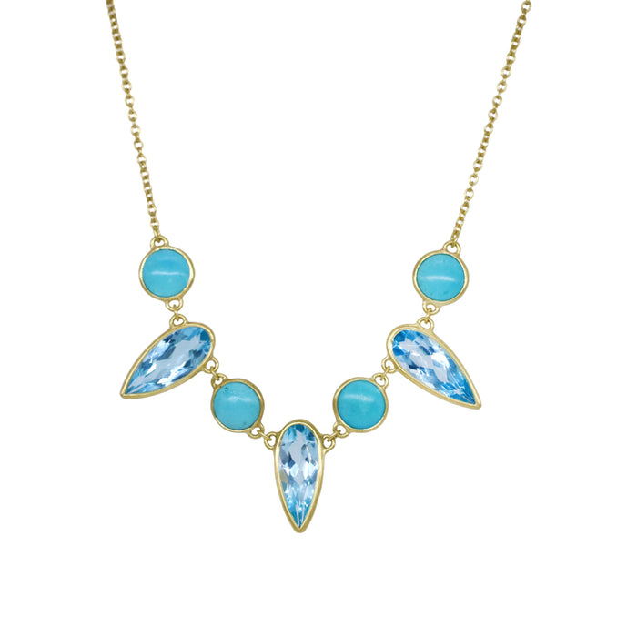 Turquoise and Blue Topaz Necklace in Yellow Gold