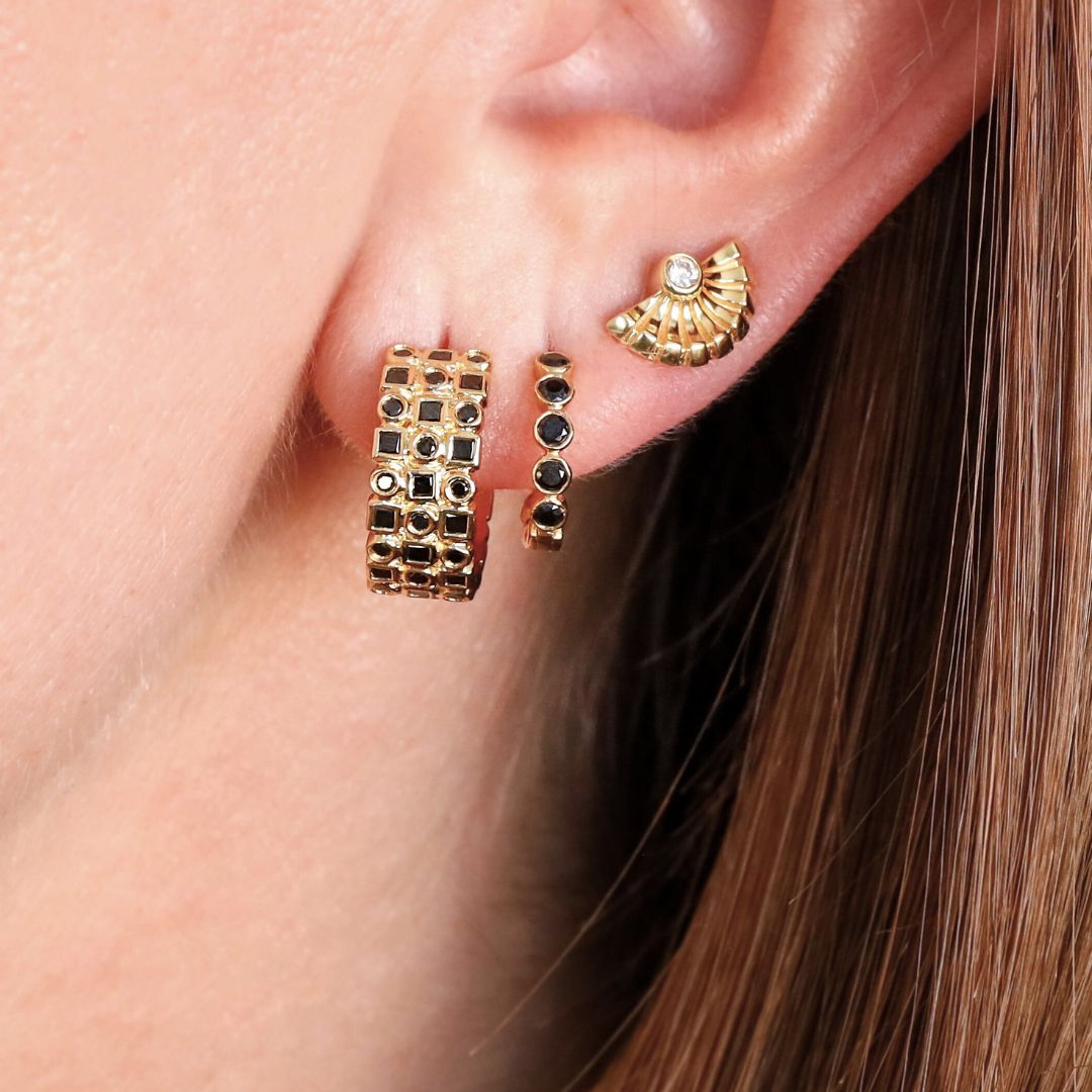 Modern Bezel Black Diamond Huggies in Yellow Gold