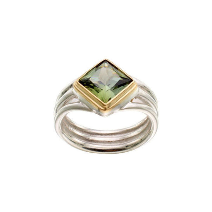 Green Tourmaline Ring in Sterling Silver and Yellow Gold