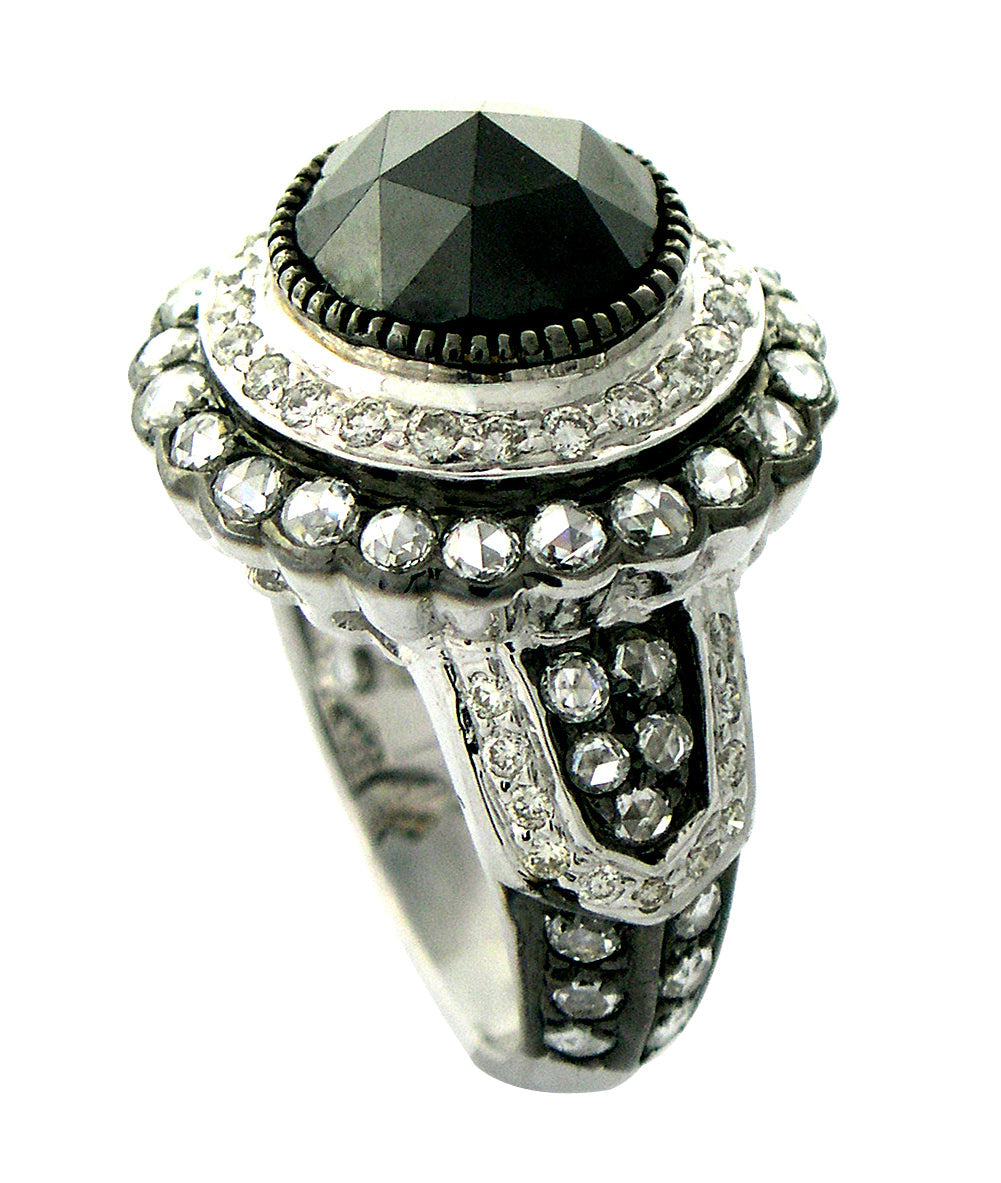 Deco Scallop Black and White Diamond Cocktail Ring