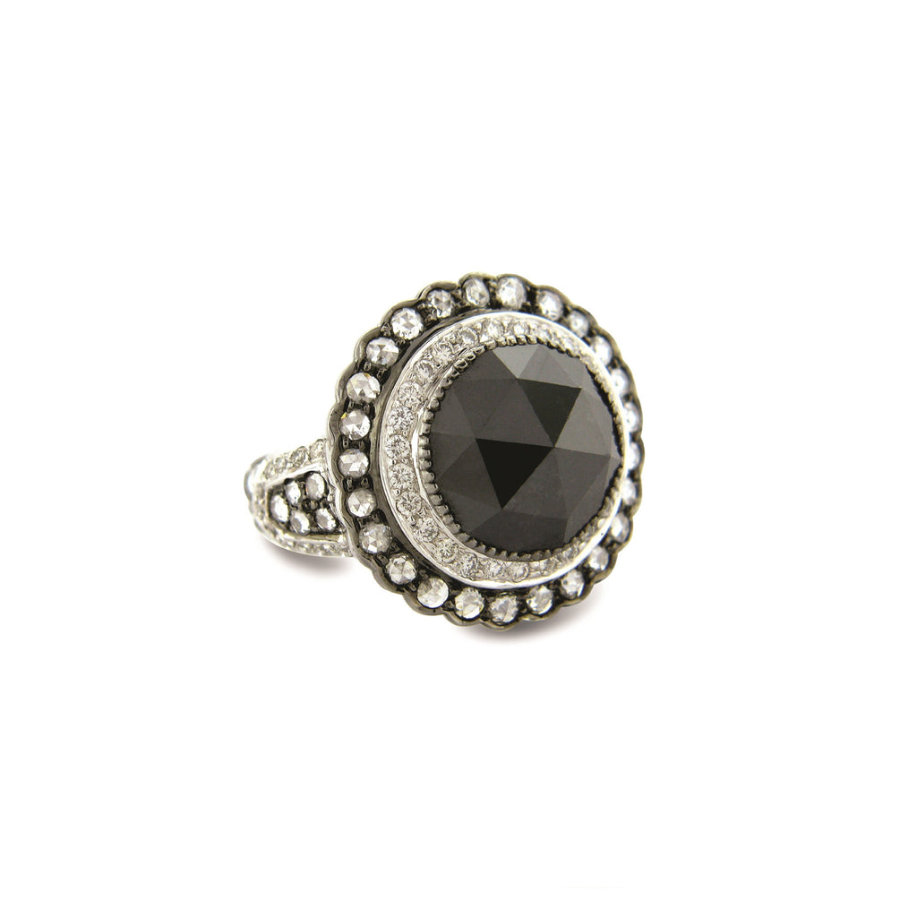 Deco Scallop Black and White Diamond Cocktail Ring