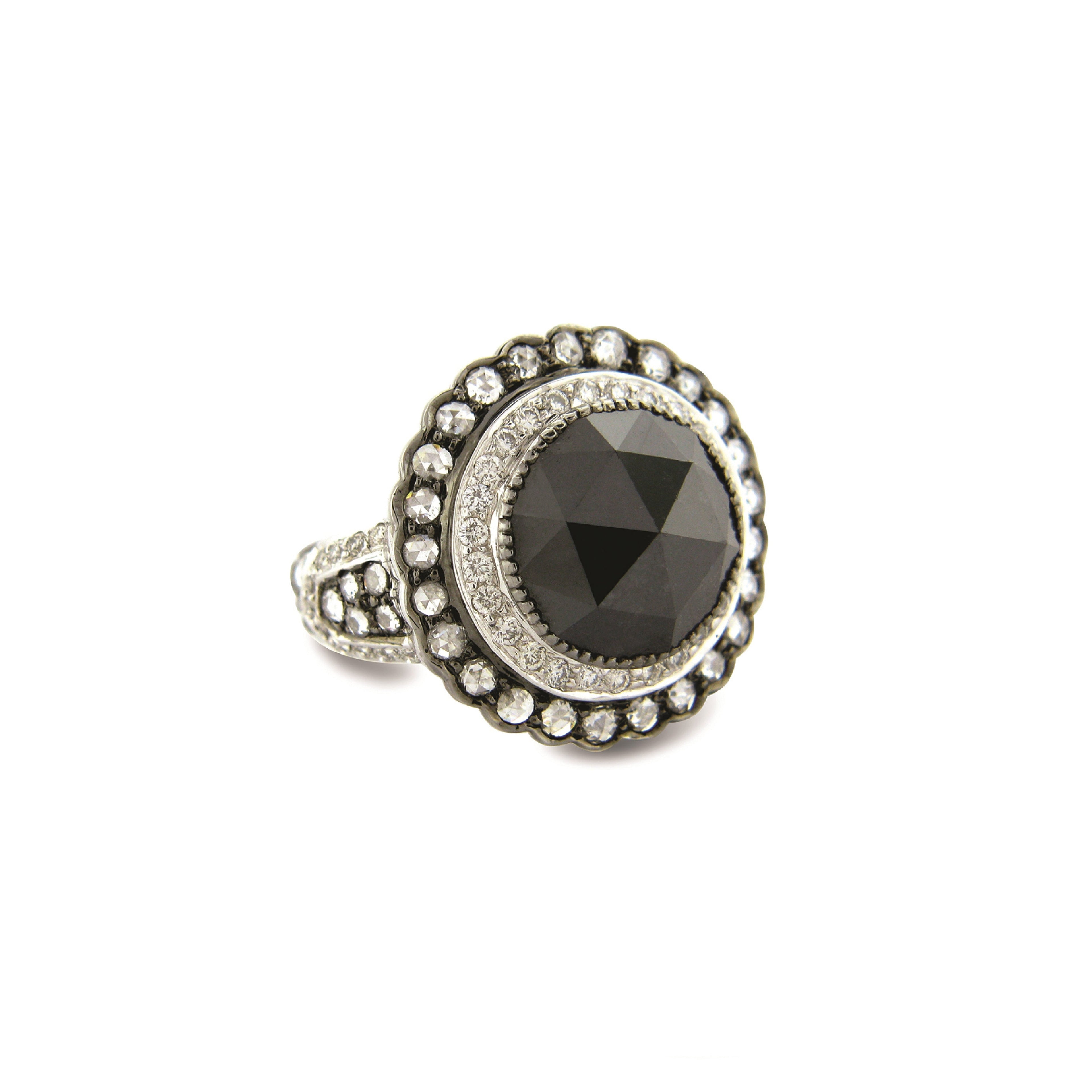 Deco Scallop Black and White Diamond Cocktail Ring