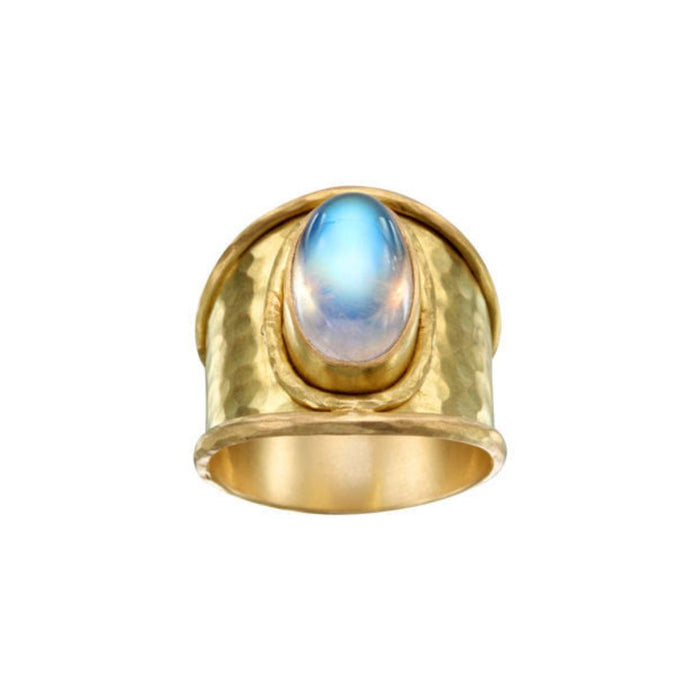 Blue Moonstone Hammered Ring in Yellow Gold