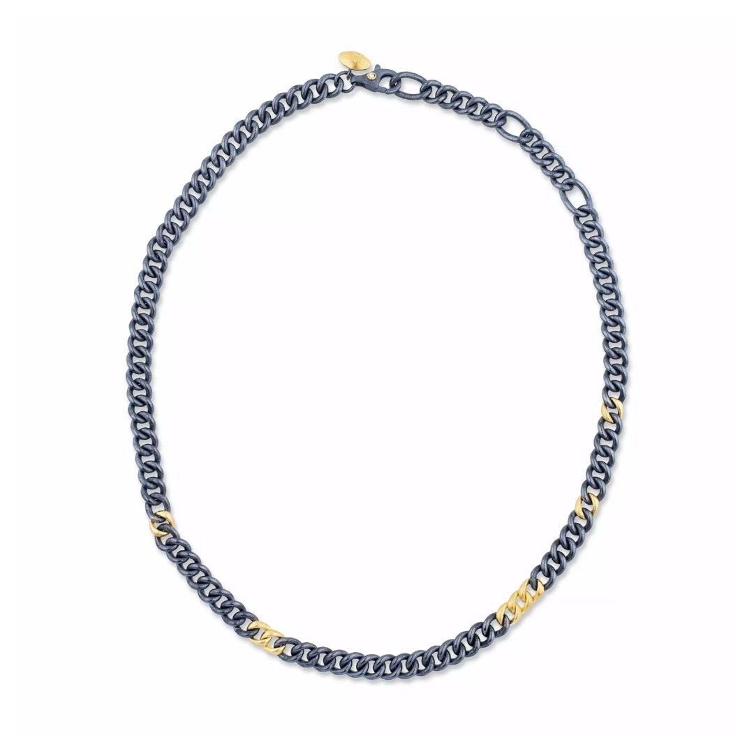 Rugged Chain Necklace in Oxidized Sterling Silver and Yellow Gold