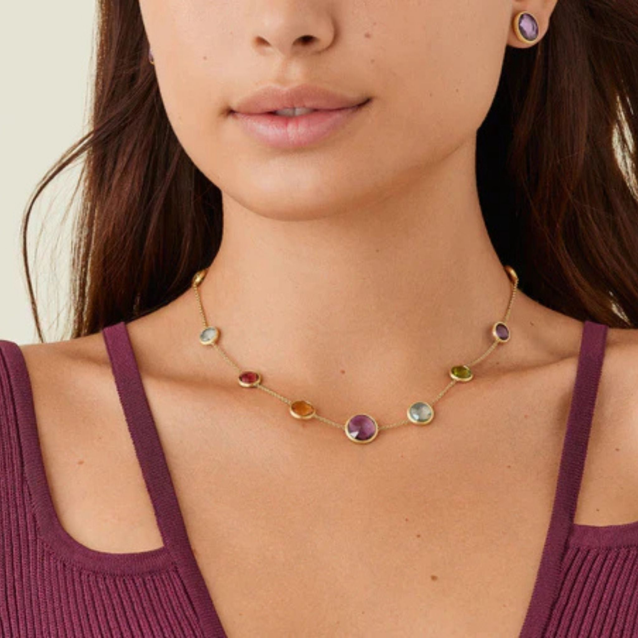 Jaipur Short Mixed Gemstone Necklace in Yellow Gold