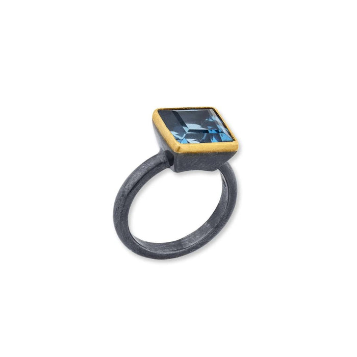 Thames London Blue Topaz Ring in Yellow Gold and Oxidized Sterling Silver