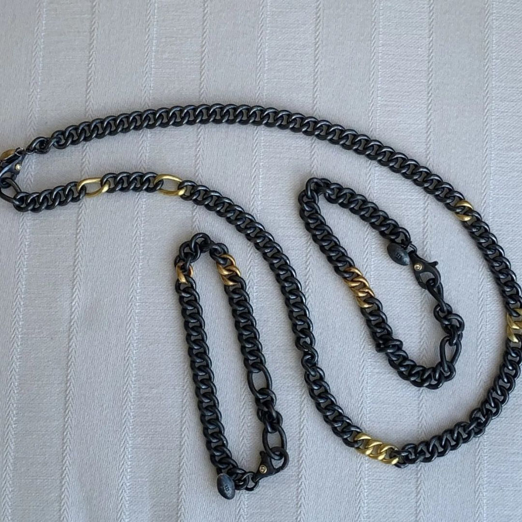 Rugged Chain Necklace in Oxidized Sterling Silver and Yellow Gold