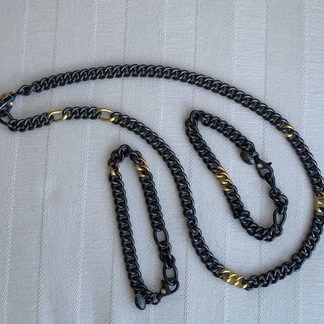 Rugged Chain Necklace in Oxidized Sterling Silver and Yellow Gold