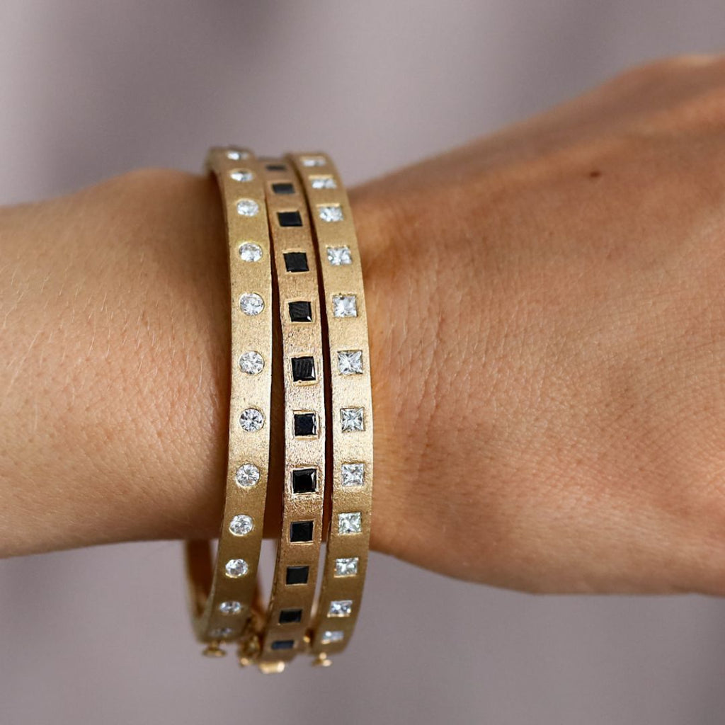 Dunes Edge White Diamond Wide Bangle in Yellow Gold