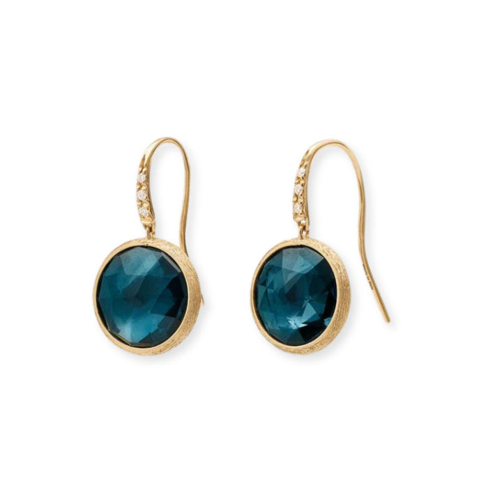 Jaipur London Blue Topaz and Diamond Drop Earrings in Yellow Gold