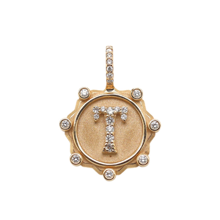 Alphabet Coin Pave Charm "T" in Yellow Gold