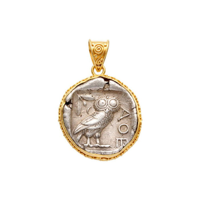 Head of Athena & Owl Coin Pendant in Yellow Gold