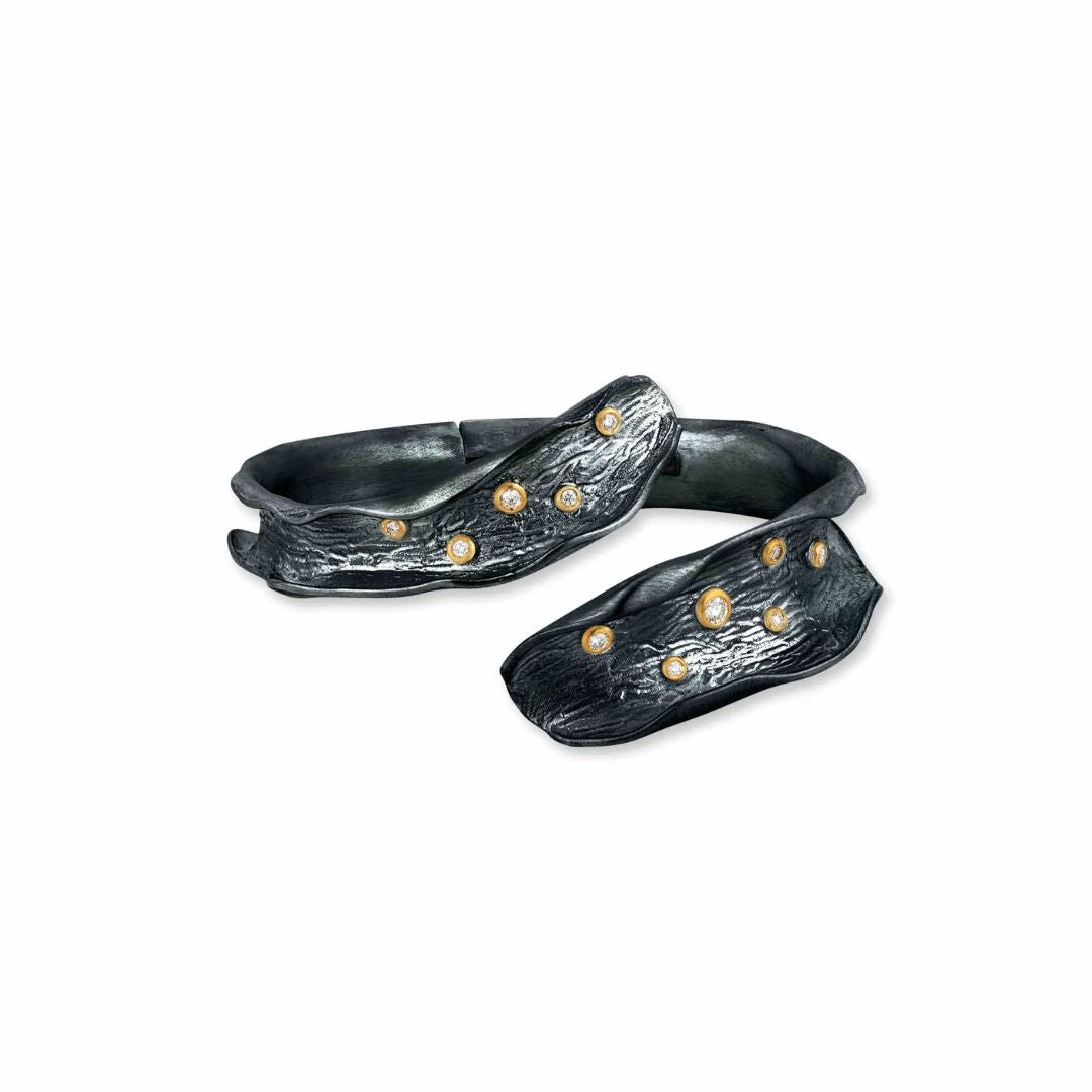 Bark Cuff in Oxidized Sterling Silver and Yellow Gold