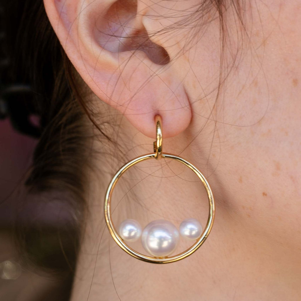 Triple Pearl Hoops in Yellow Gold