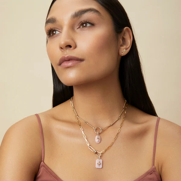 Small Pink Opal Cabochon Dove Pendant in Yellow Gold