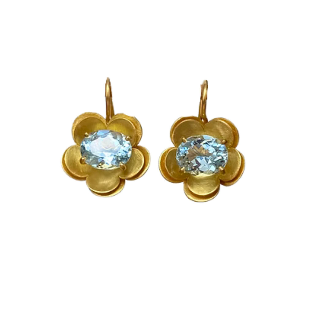 Forget-Me-Not Aquamarine Layered Flower Earrings in Yellow Gold