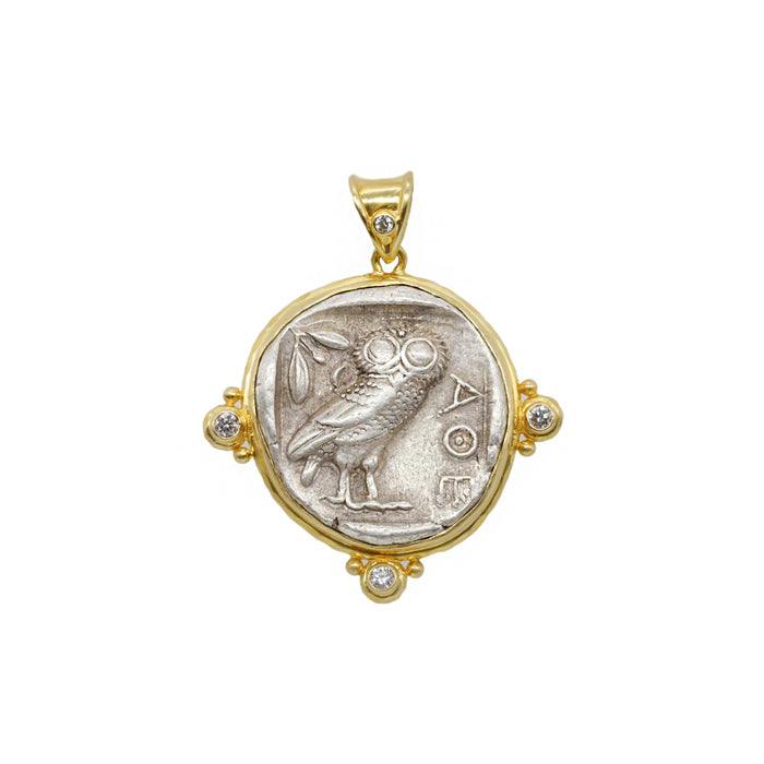 Owl and Athena Coin Pendant with Diamonds in Yellow Gold