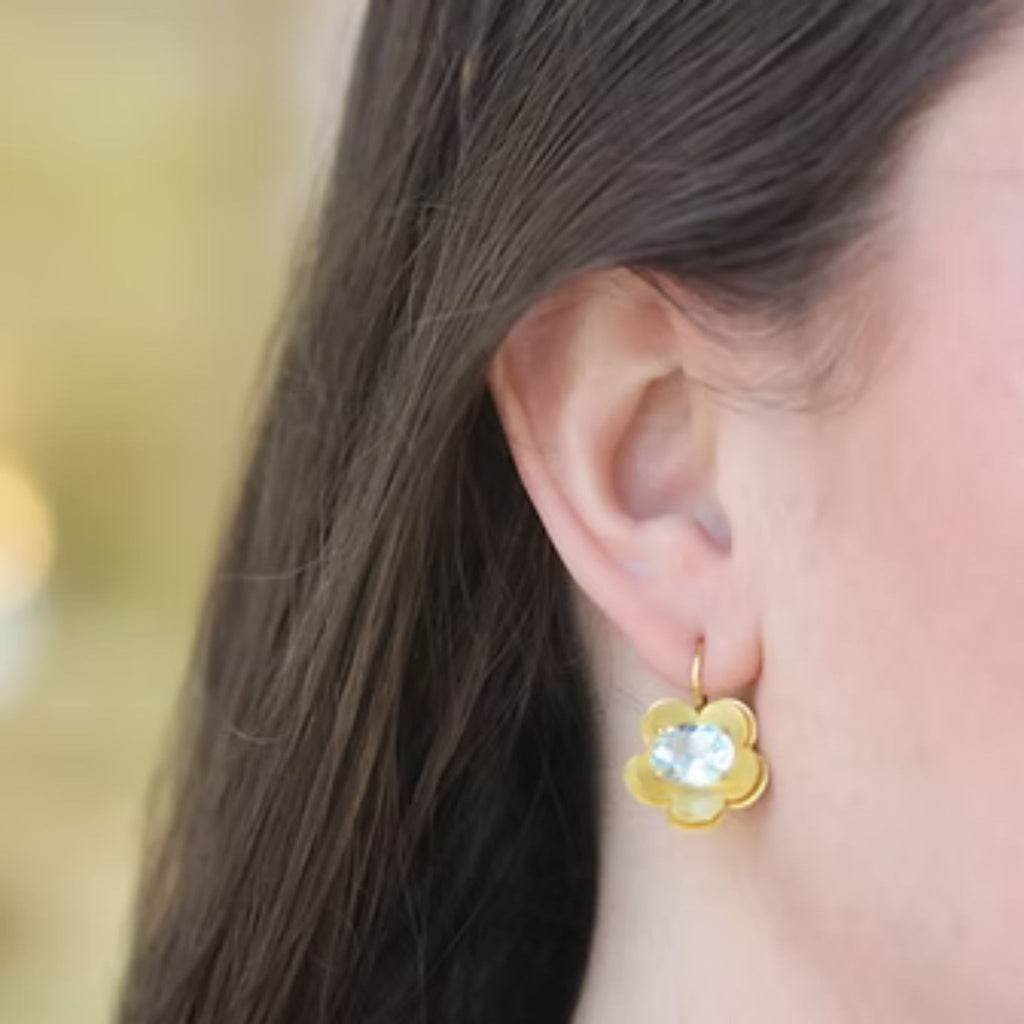 Forget-Me-Not Aquamarine Layered Flower Earrings in Yellow Gold