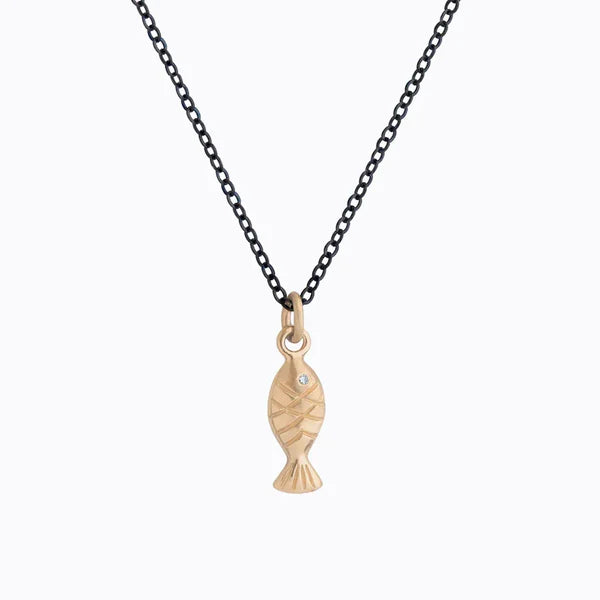 Simple Fish Pendant in Yellow Gold and Oxidized Sterling Silver