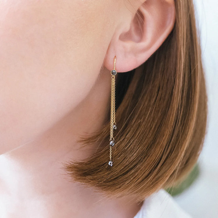 Noir Black Diamond Briolette Earrings in Yellow Gold