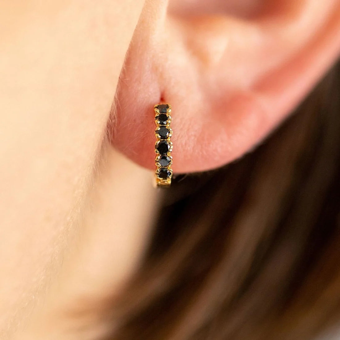 Zelda Black Diamond Huggies in Yellow Gold