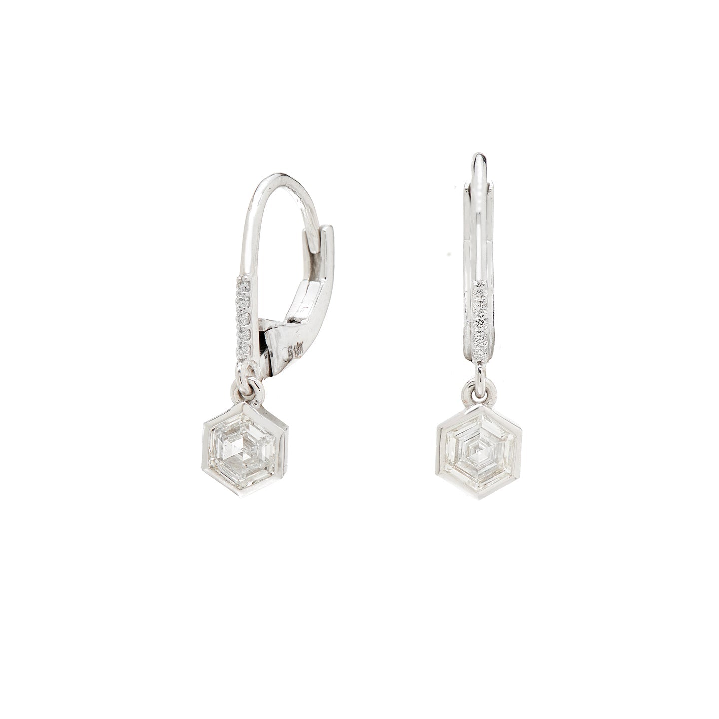 Hexagon White Diamond Drop Earrings in White Gold