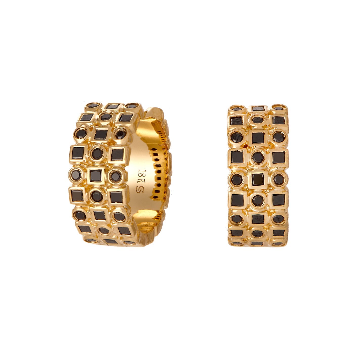 Kate Three Row Black Diamond Huggies in Yellow Gold