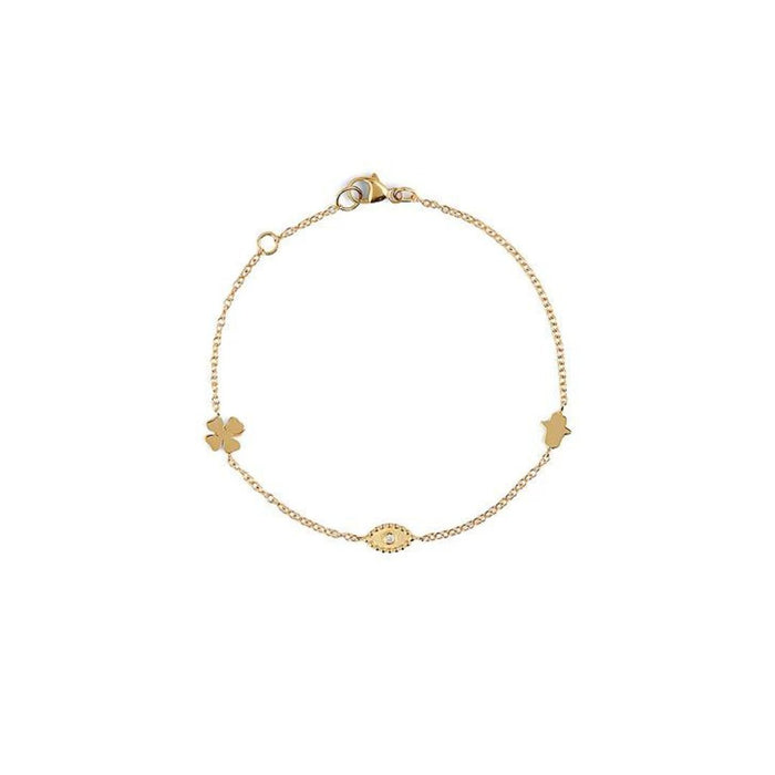 Dew Drop Evil Eye Clover & Hamsa Bracelet in Yellow Gold