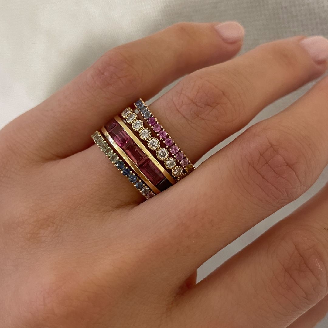 Pink Tourmaline Baguette Eternity Band in Yellow Gold