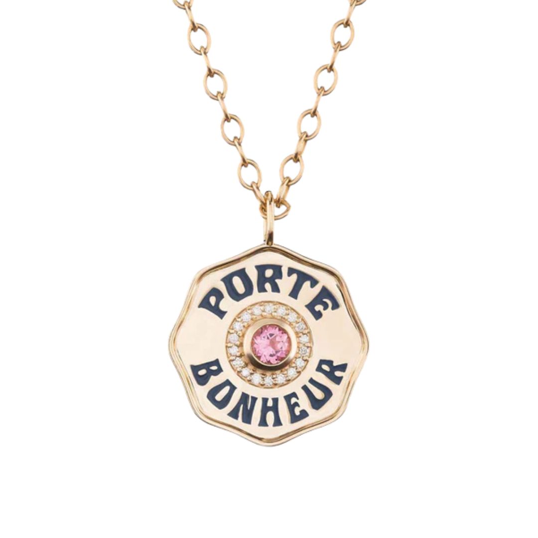 Large Porte Bonheur Pink Tourmaline Charm in Yellow Gold