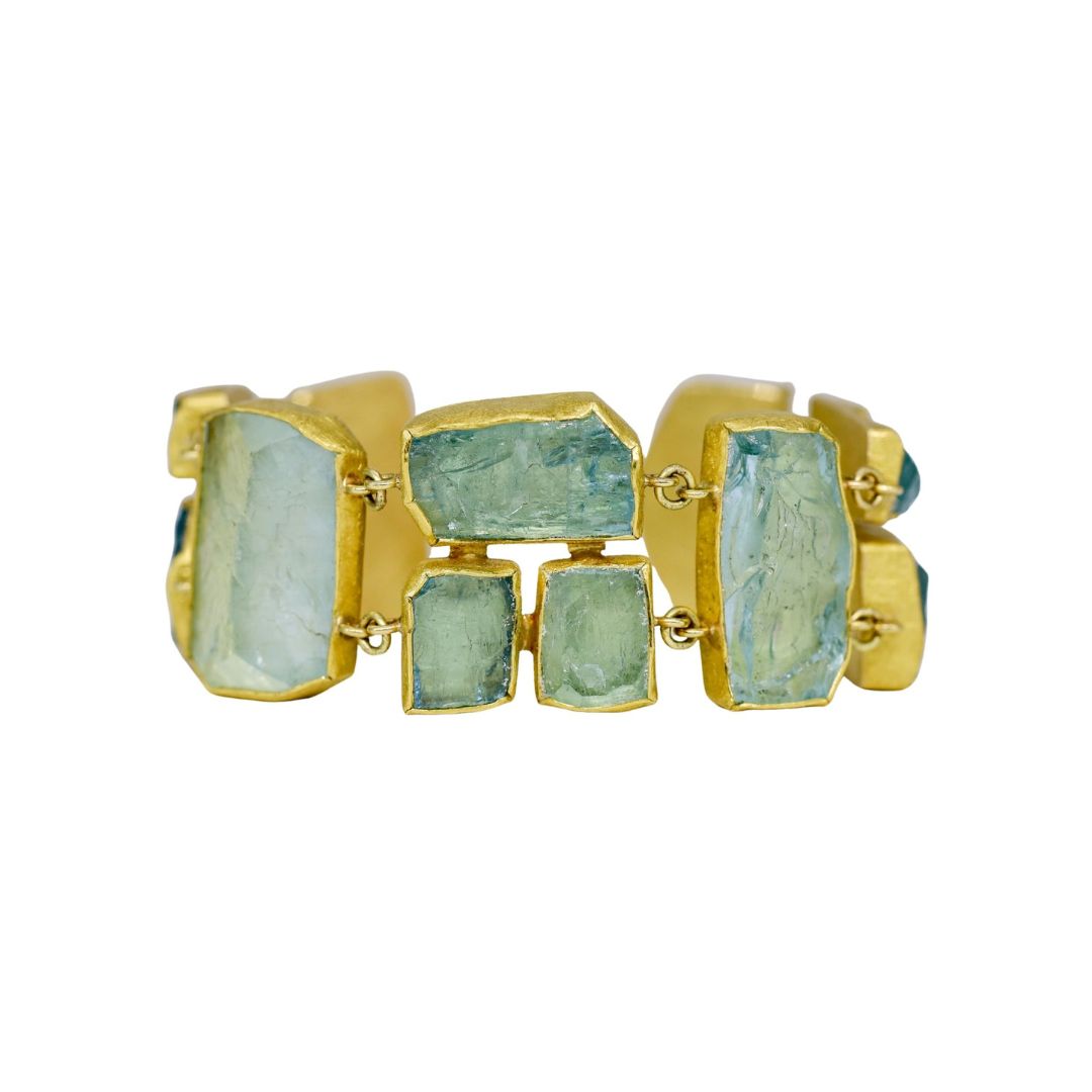 Raw Aquamarine Mosaic Bracelet in Yellow Gold
